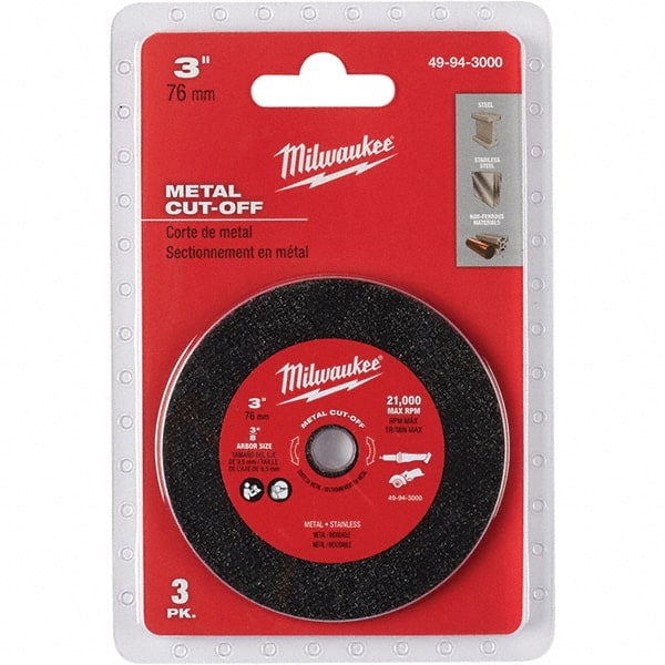 Milwaukee Tool - 3" 60 Grit Aluminum Oxide Cutoff Wheel - 3/64" Thick, 3/8" Arbor, 20,000 Max RPM, Use with Die & Angle Grinders & Circular Saws - Exact Tooling