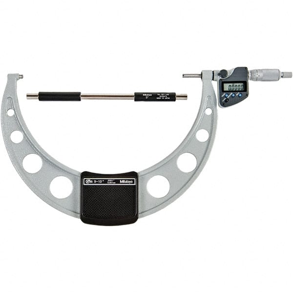 Mitutoyo - 9 to 10" Range, 0.00005" Resolution, Standard Throat IP65 Electronic Outside Micrometer - 0.0002" Accuracy, Ratchet Stop Thimble, Carbide-Tipped Face, SR44 Battery - Exact Tooling