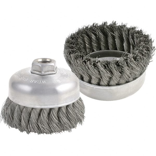 Brush Research Mfg. - 4" Diam, 5/8-11 Threaded Arbor, Carbon Steel Fill Cup Brush - 0.0118 Wire Diam, 1-1/4" Trim Length, 9,000 Max RPM - Exact Tooling