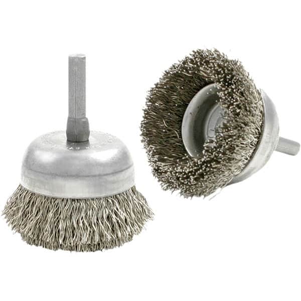 Brush Research Mfg. - 1-3/4" Diam, 1/4" Shank Diam, Carbon Steel Fill Cup Brush - 0.006 Wire Diam, 1/2" Trim Length, 10,000 Max RPM - Exact Tooling