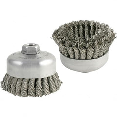 Brush Research Mfg. - 5" Diam, 5/8-11 Threaded Arbor, Carbon Steel Fill Cup Brush - 0.014 Wire Diam, 1-1/4" Trim Length, 9,000 Max RPM - Exact Tooling
