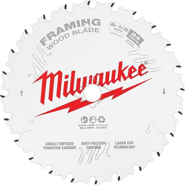 Milwaukee Tool - 6-1/2" Diam, 5/8" Arbor Hole Diam, 24 Tooth Wet & Dry Cut Saw Blade - Tungsten Carbide-Tipped, Framing Action, Standard Round Arbor - Exact Tooling