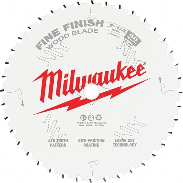 Milwaukee Tool - 7-1/4" Diam, 10mm Arbor Hole Diam, 40 Tooth Wet & Dry Cut Saw Blade - Tungsten Carbide-Tipped, Fine Finish Action, Standard Round Arbor - Exact Tooling