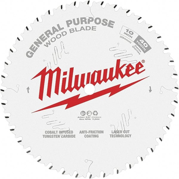 Milwaukee Tool - 10" Diam, 5/8" Arbor Hole Diam, 40 Tooth Wet & Dry Cut Saw Blade - Tungsten Carbide-Tipped, General Purpose Action, Standard Round Arbor - Exact Tooling