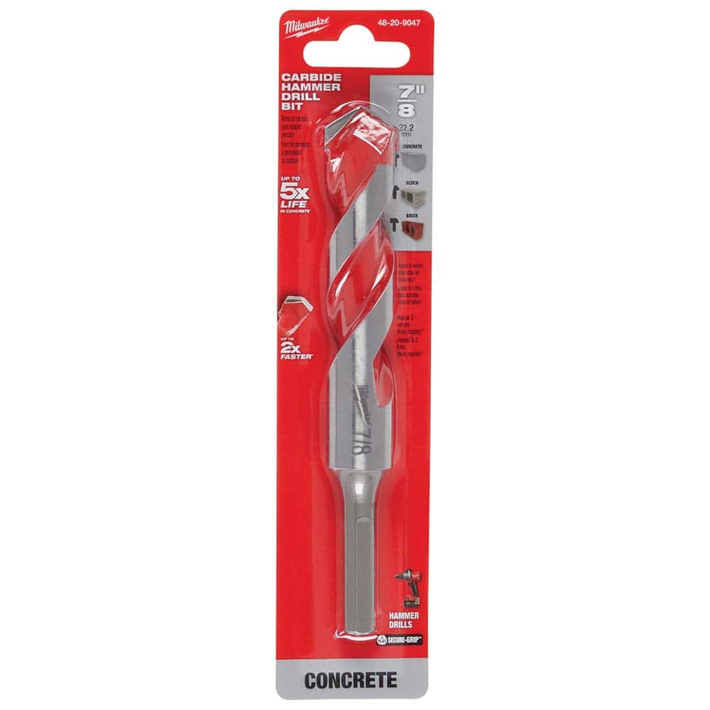 Milwaukee Tool - Rotary Drill/Hammer Drill Bits; Drill Bit Size (Inch): 7/8 ; Shank Type: 3-Flat ; Usable Length (Inch): 4.0000 ; Drill Bit Material: Carbide Tipped ; Flute Length (Inch): 4 ; Number of Pieces: 1.000 - Exact Tooling