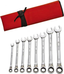 Proto - 8 Piece, 8mm to 18mm, 12 Point Ratcheting Reversible Combination Wrench Set - Metric Measurement Standard, Full Polish Finish, Comes in Pouch - Exact Tooling