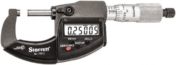 Starrett - 0 to 1" Range, Standard Throat IP67 Electronic Outside Micrometer - Ratchet Stop Thimble, Carbide Face, CR2032 Battery - Exact Tooling