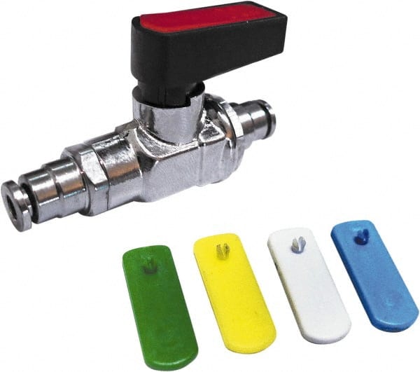 Value Collection - 1/4" Pipe, Brass Miniature Ball Valve - Inline - One Way Flow, Push-to-Connect x Push-to-Connect Ends, Wedge Handle, 250 WOG - Exact Tooling