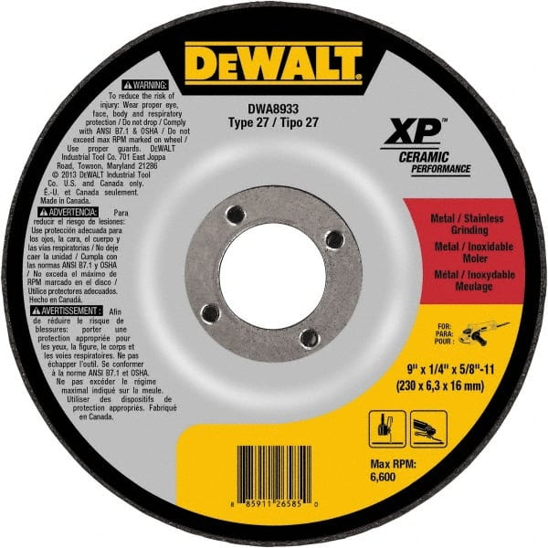 DeWALT - 24 Grit, 9" Wheel Diam, Type 27 Depressed Center Wheel - Coarse/Medium Grade, Ceramic, N Hardness, 6,600 Max RPM - Exact Tooling