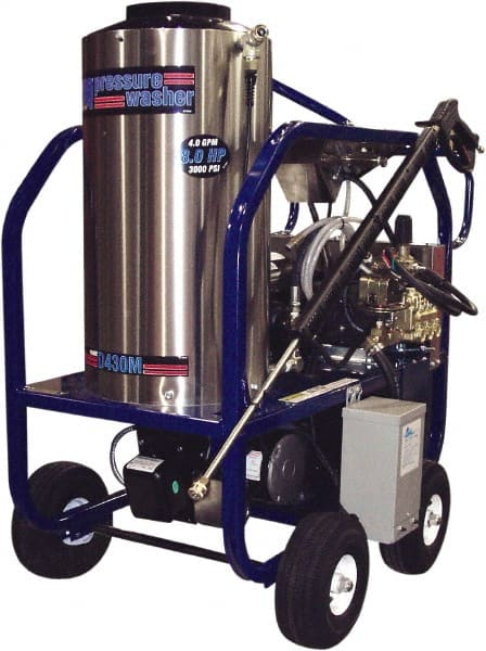 PRO-SOURCE - Electric, 35 Amp, 8 hp, 3,000 psi, 4 GPM, Hot Water Pressure Washer - General Triplex Ceramic Plunger, 50' x 3/8" Hose, 220 Max Volts - Exact Tooling