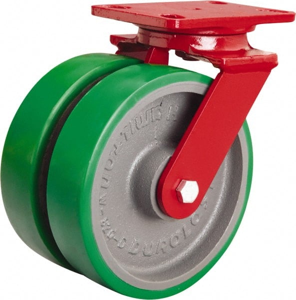 Hamilton - 8" Diam x 2" Wide x 9-3/4" OAH Top Plate Mount Swivel Caster - Polyurethane Mold onto Cast Iron Center, 3,000 Lb Capacity, Sealed Precision Ball Bearing, 4-1/2 x 6-1/2" Plate - Exact Tooling