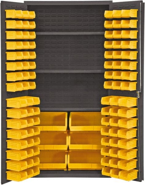 Durham - 3 Shelf 102 Bin Storage Cabinet - Steel, 36" Wide x 24" Deep x 72" High, Yellow - Exact Tooling