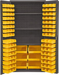Durham - 3 Shelf 102 Bin Storage Cabinet - Steel, 36" Wide x 24" Deep x 72" High, Yellow - Exact Tooling
