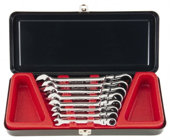 Blackhawk by Proto - 8 Piece, 5/16" to 3/4", Combination Wrench Set - Inch Measurement Standard, Full Polish Finish, Comes in Metal Case - Exact Tooling