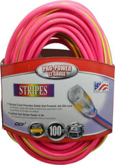 Southwire - 100', 12/3 Gauge/Conductors, Pink/Lime Green Outdoor Extension Cord - 1 Receptacle, 15 Amps, 125 VAC, UL SJTW, NEMA 5-15P, 5-15R - Exact Tooling
