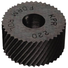 Made in USA - 5/8" Diam, 90° Tooth Angle, 35 TPI, Standard (Shape), Form Type High Speed Steel Right-Hand Diagonal Knurl Wheel - 1/4" Face Width, 1/4" Hole, Circular Pitch, 30° Helix, Bright Finish, Series GK - Exact Tooling
