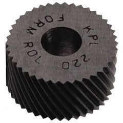 Made in USA - 5/8" Diam, 80° Tooth Angle, Standard (Shape), Form Type High Speed Steel Left-Hand Diagonal Knurl Wheel - 1/4" Face Width, 1/4" Hole, 64 Diametral Pitch, 30° Helix, Bright Finish, Series GK - Exact Tooling