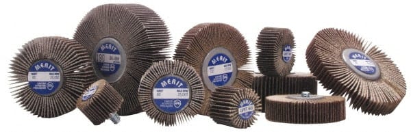 Merit Abrasives - 2-1/2" Diam x 1" Face Width, Coarse Aluminum Oxide Coated Mounted Flap Wheel - 1/4-20 Threaded Mount, 40 Grit, Cloth Backing, 20,000 Max RPM - Exact Tooling