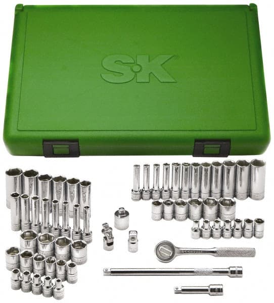 SK - 60 Piece 1/4" Drive Deep Well Socket Set - 6 Points, 1/8" to 5/8" (4mm to 16mm) Range, Inch/Metric Measurement Standard - Exact Tooling