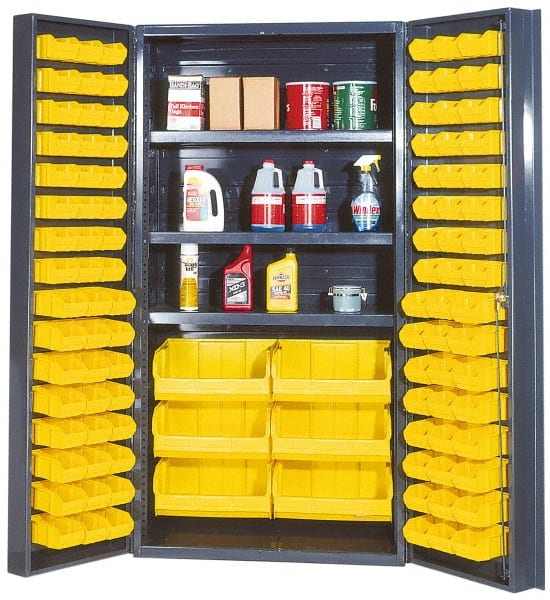 Quantum Storage - 3 Shelf 102 Bin Storage Cabinet - Steel, 36" Wide x 24" Deep x 72" High, Gray - Exact Tooling