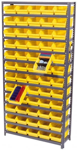 Quantum Storage - 4,200 Lb Capacity, 12" Deep x 36" Wide x 75" High, Steel Floor Rack - 1 Side, 60 Yellow Polyethylene/Polypropylene Bins - Exact Tooling