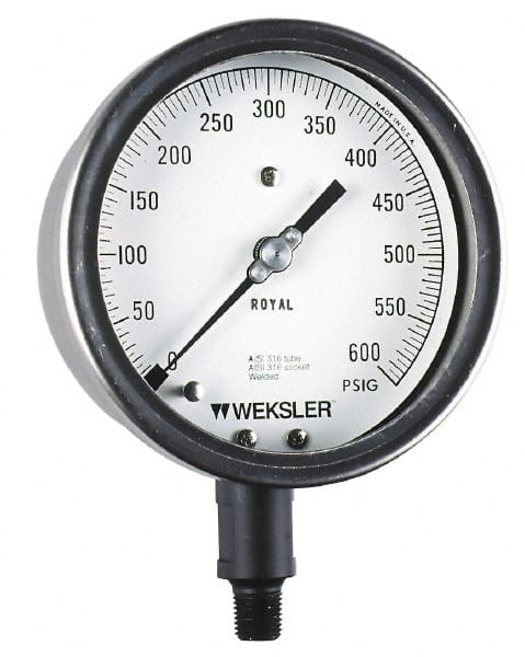 Weksler Instruments - 4-1/2" Dial, 1/4 Thread, 0-100 Scale Range, Pressure Gauge - Lower Connection, Rear Flange Connection Mount, Accurate to 0.5% of Scale - Exact Tooling