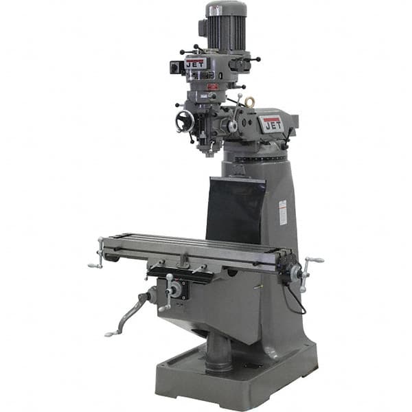 Jet - 9" Table Width x 42" Table Length, Step Pulley Control, 3 Phase Knee Milling Machine - R8 Spindle Taper, 2 hp - Exact Tooling