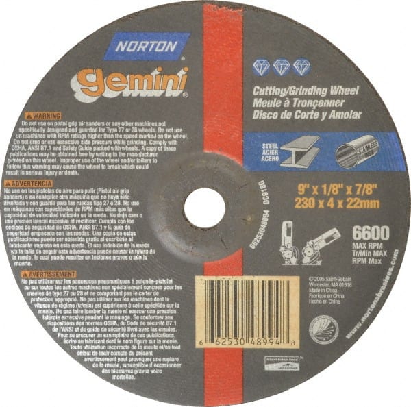 Norton - 24 Grit, 9" Wheel Diam, 1/8" Wheel Thickness, 7/8" Arbor Hole, Type 27 Depressed Center Wheel - Aluminum Oxide, 6,600 Max RPM, Compatible with Angle Grinder - Exact Tooling