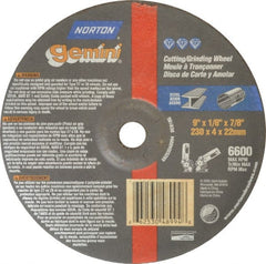 Norton - 24 Grit, 9" Wheel Diam, 1/8" Wheel Thickness, 7/8" Arbor Hole, Type 27 Depressed Center Wheel - Aluminum Oxide, 6,600 Max RPM, Compatible with Angle Grinder - Exact Tooling