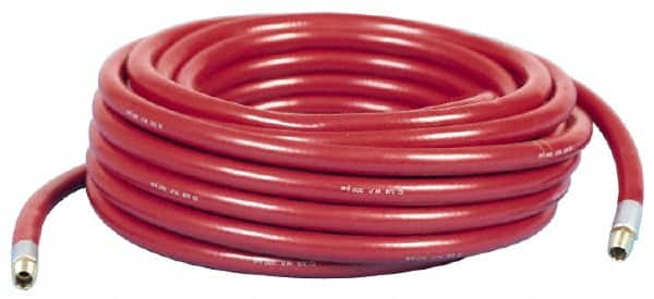 Made in USA - 3/8" ID x 5/8" OD 50' Long Multipurpose Air Hose - MNPT x MNPT Ends, 300 Working psi, -10 to 150°F, 1/4" Fitting, Yellow - Exact Tooling