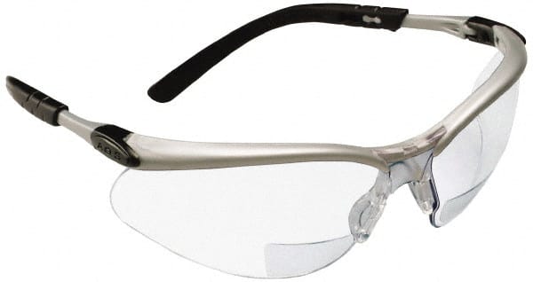 3M - +2.5, Clear Lenses, Scratch Resistant, Framed Magnifying Safety Glasses - UV Protection, Adjustable Temples, Silver/Black Plastic Frame, ANSI Z87.1-2010 - Exact Tooling