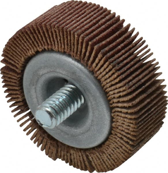 Merit Abrasives - 1-1/2" Diam x 1/2" Face Width, Fine Aluminum Oxide Coated Mounted Flap Wheel - 1/4-20 Threaded Mount, 120 Grit, 25,000 Max RPM - Exact Tooling