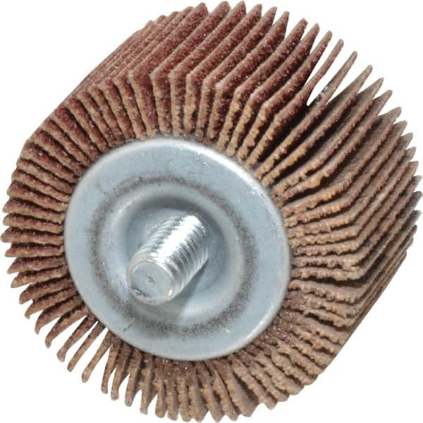 Merit Abrasives - 1-1/2" Diam x 1" Face Width, Medium Aluminum Oxide Coated Mounted Flap Wheel - 1/4-20 Threaded Mount, 60 Grit, 25,000 Max RPM - Exact Tooling