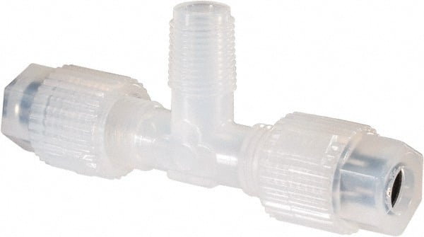 NewAge Industries - 1/4" Tube OD, PFA PTFE Plastic Compression Tube Male Branch Tee - 1/8 NPT Pipe, 500°F Max, 1/8 Thread - Exact Tooling