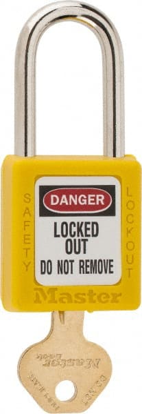 Master Lock - Keyed Different Nonconductive Lockout Padlock - 1-1/2" Shackle Clearance, 1/4" Shackle Diam, 1-3/4" Body Height x 1-1/2" Body Width, Yellow, 6 Pins - Exact Tooling