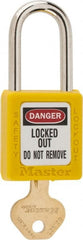 Master Lock - Keyed Different Nonconductive Lockout Padlock - 1-1/2" Shackle Clearance, 1/4" Shackle Diam, 1-3/4" Body Height x 1-1/2" Body Width, Yellow, 6 Pins - Exact Tooling