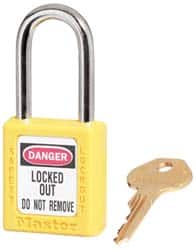 Master Lock - Keyed Alike Conductive Lockout Padlock - 1-1/2" Shackle Clearance, 1/4" Shackle Diam, 1-3/4" Body Height x 1-1/2" Body Width, Yellow, 6 Pins - Exact Tooling