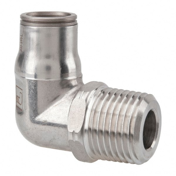 Legris - 1/2" Outside Diam, 1/2 NPT, Stainless Steel Push-to-Connect Male Elbow - 435 Max psi, Tube to Male NPT Connection, FKM O-Ring - Exact Tooling