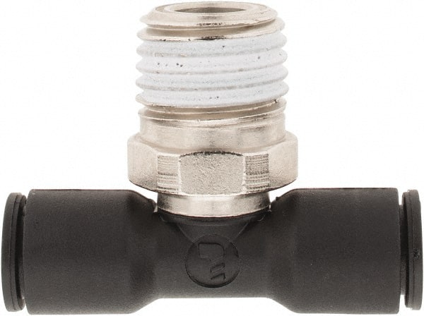 Legris - 1/4" OD, 1/4 NPT, Nylon/Nickel Plated Brass Push-to-Connect Male Branch Tee - 290 Max psi - Exact Tooling