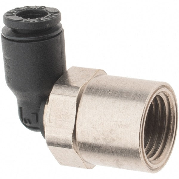 Legris - 5/32" OD, 1/8 NPT, Nylon/Nickel Plated Brass Push-to-Connect Female Elbow - 290 Max psi - Exact Tooling