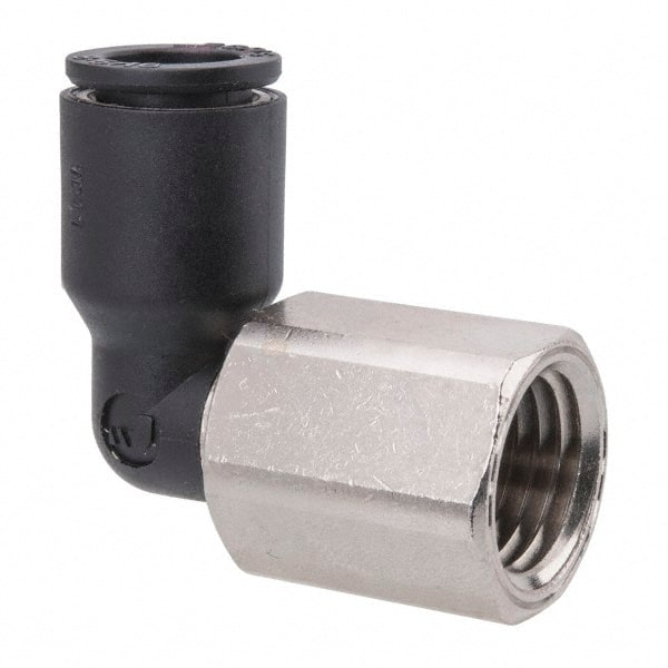 Legris - 5/16" OD, 1/4 NPT, Nylon/Nickel Plated Brass Push-to-Connect Female Elbow - 290 Max psi - Exact Tooling