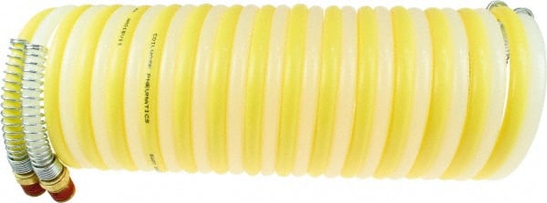 Coilhose Pneumatics - 3/8" ID, 3/8 Thread, 25' Long, Yellow & Natural Nylon Coiled & Self Storing Hose - 165 Max psi, Male Swivel x Male Swivel - Exact Tooling