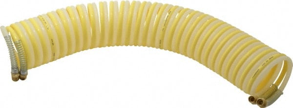 Coilhose Pneumatics - 1/4" ID, 1/4 Thread, 25' Long, Yellow & Natural Nylon Coiled & Self Storing Hose - 185 Max psi, Male Swivel x Male Swivel - Exact Tooling