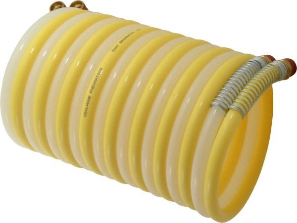 Coilhose Pneumatics - 3/8" ID, 3/8 Thread, 12' Long, Yellow & Natural Nylon Coiled & Self Storing Hose - 165 Max psi, Male Swivel x Male Swivel - Exact Tooling