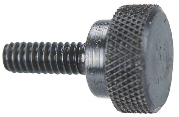 Morton Machine Works - #10-32 Knurled Shoulder Grade C-12L14 Steel Thumb Screw - 11/16" OAL, 1/2" Head Diam x 5/16" Head Height, Black Oxide Finish - Exact Tooling