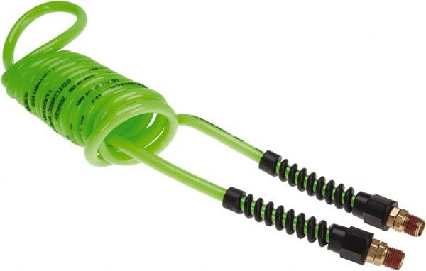 Coilhose Pneumatics - 1/4" ID, 1/4 Thread, 10' Long, Neon Green Polyurethane Coiled & Self Storing Hose - 125 Max psi, Male Swivel x Male Swivel with Strain Relief - Exact Tooling
