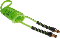 Coilhose Pneumatics - 1/4" ID, 1/4 Thread, 10' Long, Neon Green Polyurethane Coiled & Self Storing Hose - 125 Max psi, Male Swivel x Male Swivel with Strain Relief - Exact Tooling