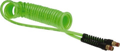 Coilhose Pneumatics - Coiled & Self-Storing Hose; Inside Diameter (Inch): 1/4 ; Material: Polyurethane ; Fitting Type: Male Swivel x Male Swivel w/Strain Relief ; Length (Feet): 15 ; Thread Size: 1/4 ; Color: Neon Green - Exact Tooling