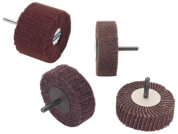 Norton - 2" Diam x 1" Face Width, Medium Aluminum Oxide Nonwoven & Coated Mounted Flap Wheel - 1/4" Shank Mount, 80 Grit, Interleaf, Cloth Backing, 12,000 Max RPM - Exact Tooling