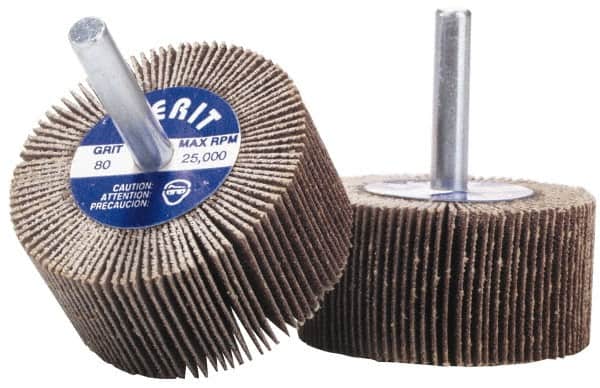Merit Abrasives - 1-1/2" Diam x 1/2" Face Width, Very Fine Aluminum Oxide Coated Mounted Flap Wheel - 1/4" Shank Mount, 240 Grit, Cloth Backing, 25,000 Max RPM - Exact Tooling